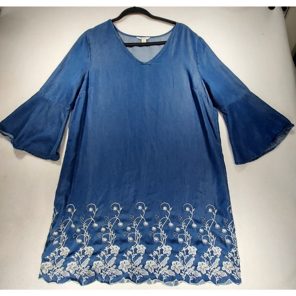 C Est 1946 Floral Embroidered Hem Flared Sleeve Midi Tencel Denim Dress XL